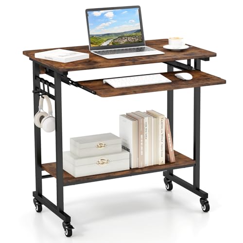 GIANTEX Rolling Computer Desk, Mobile Portable Desk with Keyboard Tray & Wheels, Laptop PC Table Cart with Shelf & Hooks, Industrial Small Desk for Small Spaces, Home Office, Bedroom, Rustic Brown - color: Rustic Brown