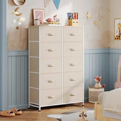 WLIVE Tall Dresser for Bedroom with 10 Fabric Drawers, Cream White | 10 Drawers, Fabric Dresser for Closet, Storage Tower with Cabinet, Metal Frame - color: Cream White