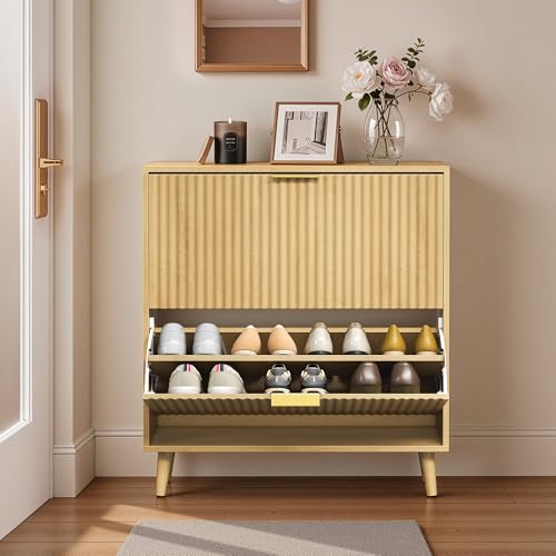 VASAGLE MAXE Collection - Shoe Storage Cabinet with 2 Flip Drawers, Freestanding Narrow Shoe Rack Organizer for Entryway, Fluted Doors, Fits 12-16 Pairs, Mid Century Modern, Oak Beige UHSC202YC03S | Freestanding Shoe Rack Organizer, Fluted Doors, Mid Cent