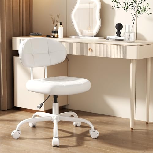 Misolant Vanity Chair with Back, Small Armless Cute office Chair with wheels and Lumbar support, Comfy PU Leather Desk Computer Chairs with Adjustable Height, 360°Swivel for Home Bedroom Office, White - color: White