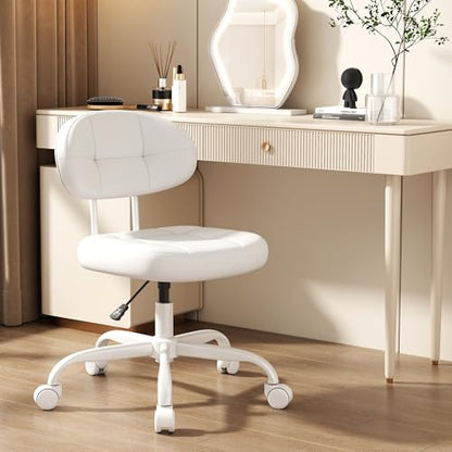 Misolant Vanity Chair with Back, Small Armless Cute office Chair with wheels and Lumbar support, Comfy PU Leather Desk Computer Chairs with Adjustable Height, 360°Swivel for Home Bedroom Office, White - color: White
