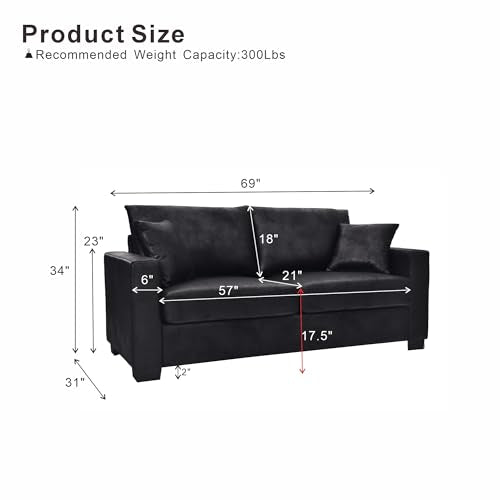 Eafurn 69" Small Loveseat Sofa Couch, Mid-Century Modern PU Leather 2-Seater Sofa with Wood Frame & 2 Pillows, Compact Space-Saving Couch for Living Room, Apartment, Office - color: Black 69"