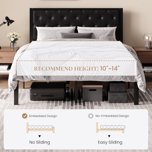 SHA CERLIN Queen Size Metal Bed Frame with PU Tufted Headboard, Black | Modern Design Heavy-Duty Platform Bed, No Box Spring Need, PU Leather Upholstery, Noise Free, Easy Assembly - color: Black, size: Queen