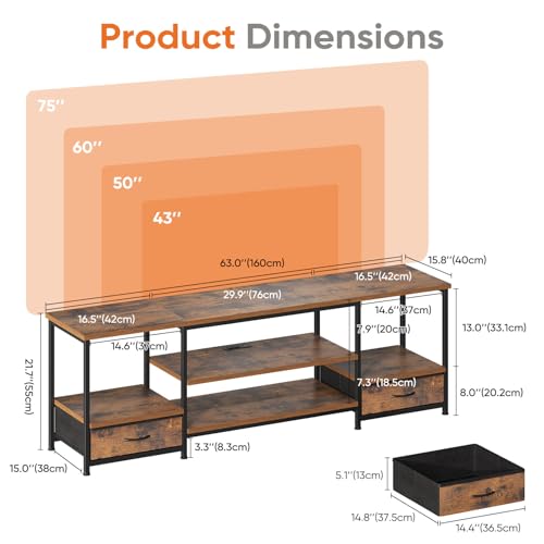 DUMOS 63" TV Stand with Fabric Drawers for 65 70 75 Inches TV | Entertainment Center and Industrial TV Console Table with Open Storage Shelves for Living Room, Bedroom, Rustic Brown - size: 63.0 Inch
