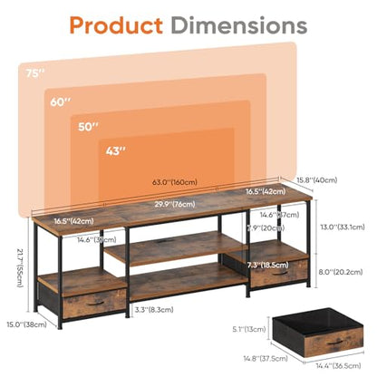 DUMOS 63" TV Stand with Fabric Drawers for 65 70 75 Inches TV | Entertainment Center and Industrial TV Console Table with Open Storage Shelves for Living Room, Bedroom, Rustic Brown - size: 63.0 Inch