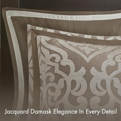 Madison Park Odette Cozy Comforter Set Jacquard Damask Medallion Design - Modern All Season, Down Alternative Bedding, Shams, Decorative Pillows, Cal King(104 in x 92 in), Tan 8 Piece | All Season Down Alternative Bedding with Comforter, Shams, Bed Skirt,