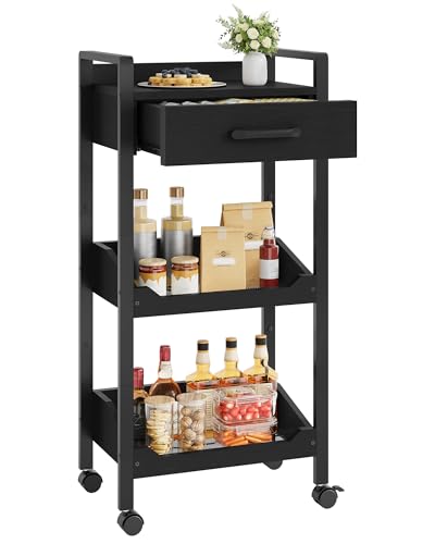 Hoctieon 3-Tier Rolling Storage Cart with Drawer, Rolling Utility Cart Organizer, Mobile Shelving Unit with Wheels, Metal Frame, Kitchen Utility Cart for Small Space, Office, Bathroom, Black - color: Black