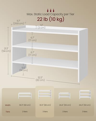 VASAGLE Shoe Rack for Closet, Stackable Organizer Shelf | Stackable Shoe Organizer Shelf for Entryway, 3 Tiers, 11.7 x 32.3 x 21.3 Inches, White, CUSTOS Collection, ULBS061WZ01S - size: 3 Tiers (32.3"W)