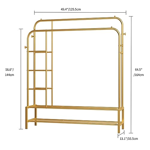 JOISCOPE Double Rods Portable Garment Rack for Hanging clothes, 49.4 * 64.5 Inch Metal Clothing Rack with Bottom Shelves and 4 Hooks,Freestanding Clothes Rack for Bedroom,Space Saving, Gold