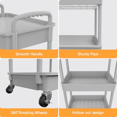 3 Tier Rolling Utility Cart with Drawer,REBECAT Utility Cart Made of Multifunctional Storage Organizer Tool for Kitchen,Bathroom,Living Room,Office(Gray) - color: Gery