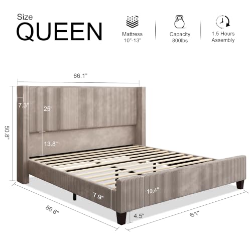 Queen Size Bed Frame with 50.8 Inch Corduroy Wingback Headboard, Taupe | Modern Upholstered Platform Bed, Solid Wood Slats, No Box Spring Needed, Noise-Reducing Design - color: Taupe, size: Queen