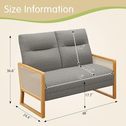 Alunaune Modern Loveseat Bench Couch with Natural Rattan Arm, Upholstered Linen Small Love Seat Sofa 2-Seats Living Room Couch Settee, Comfy Lounge Recliner Chair-Taupe - color: Taupe
