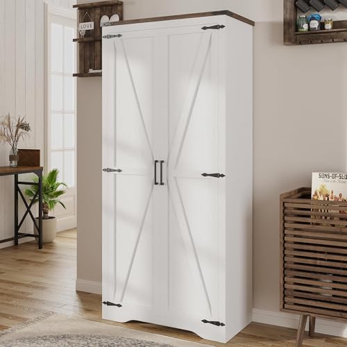 Befrases Farmhouse Storage Cabinet with Adjustable Shelves, Large Pantry Organize with 2 Barn Doors, Freestanding Cabinet for Kitchen, Garage, Basement, Living, Utility Room, Off-White - color: White, size: 1 Pack