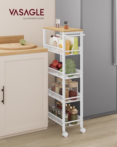 VASAGLE Slim Rolling Cart, 5-Tier Storage Cart, Narrow Cart with Handle, 8.7 Inches Deep, Metal Frame, for Kitchen, Dining Room, Living Room, Home Office, Oak Beige and Classic White ULRC035W09 - color: Oak Beige + Classic White, size: 5 Tiers (8.7"D x 39