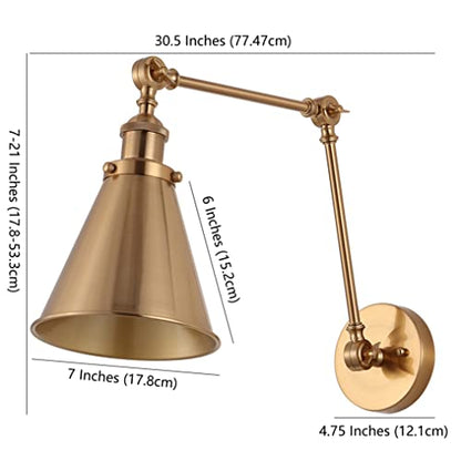JONATHAN Y Rover 1-Light Wall Sconce 7", Brass Gold, Set of 2 | Adjustable Arm, Hardwired Bedside Reading Swing Arm, Farmhouse Cone Shade, Metal Hardwired Indoor Fixture, LED Bulbs Included - color: Brass Gold, size: Set of 2