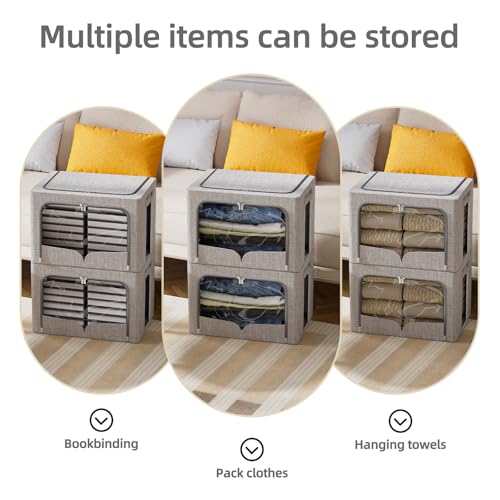 FHSQX 3 Pack Clothes Storage Bins, Light Gray, 16.5x12.2x12.2inch (40L) | Foldable Metal Frame, Stackable, Linen Fabric, Carrying Handles, Clear Window - color: Light Gray, size: 16.5x12.2x12.2inch(40L)