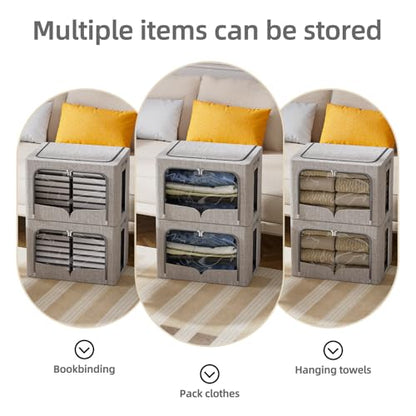 FHSQX 3 Pack Clothes Storage Bins, Light Gray, 16.5x12.2x12.2inch (40L) | Foldable Metal Frame, Stackable, Linen Fabric, Carrying Handles, Clear Window - color: Light Gray, size: 16.5x12.2x12.2inch(40L)
