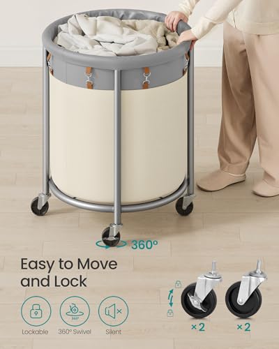 SONGMICS Laundry Basket, Rolling Steel Frame with 2 Locking Wheels, 190 L | Heavy-Duty Laundry Hamper Cart with Removable Bag, Dove Gray and Cream White, URLS001GD02 - color: Dove Gray + Cream White, size: 190 L (1-Section)
