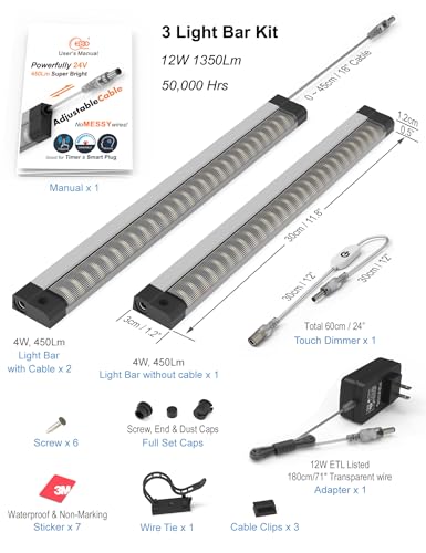 EBD Under Cabinet Lighting Plug in 3 Pcs 12 Inch, No Messy Wires Built-in Adjustable Cable LED Light Bar 6500K 1350LM for Kitchen Home Office, Dimmer Memory for Smart Plug, Neat Under Counter Lights - size: 3-Pack