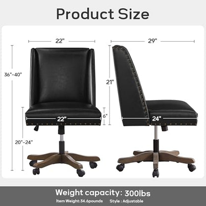 Upholstered Armless Office Chair Faux Leather Swivel Home Desk Office Chair | Modern Comfy Boho Office Chair with Wheels Adjustable Desk Chair no Arms for Sewing Women Farmhouse Study Studio PU Black - color: Black