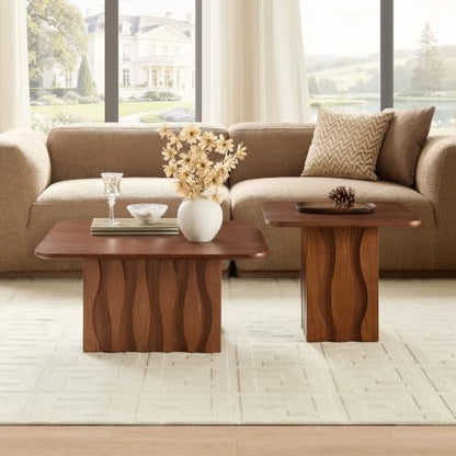 Nesting Coffee Table Set of 2 with Wavy Fluted Base, Brown | 31.5" & 21.65", 2PCS Center Tables, Square Tea Table, Easy to Assemble, Mid-Century Modern, for Living Room Office - color: 31.5" & 21.65" - Brown