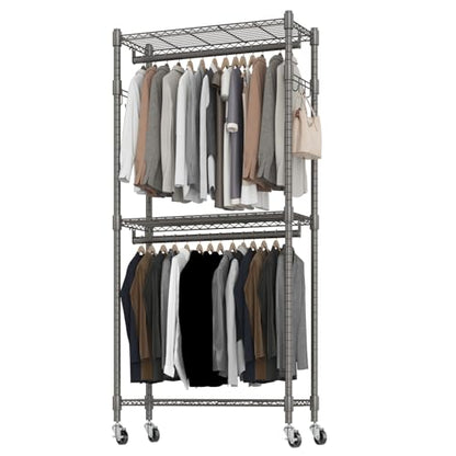 BATHWA Clothes Rack Rolling Narrow 2 tier Garment Rack for Hanging Clothes， Space Saving Portable Clothing Rack with Wheels and Double Rods 8 Hangers, Adjustable, Gray