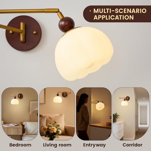 Swing Arm Wall Sconce, Hardwired Mid Century Modern Adjustable Sconce with Gold Metal Swing and Flower Shade, Retro Farmhouse Wall Mount Light for Bedroom Bedside Reading Living Room Hallway