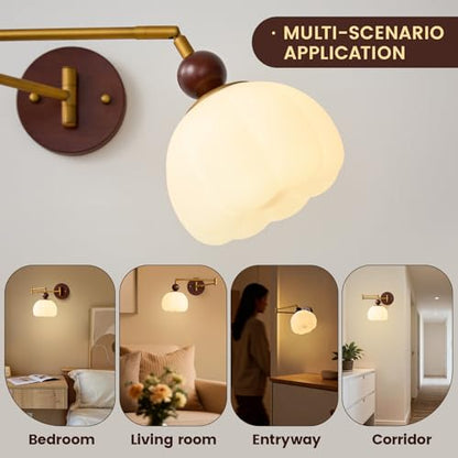 Swing Arm Wall Sconce, Hardwired Mid Century Modern Adjustable Sconce with Gold Metal Swing and Flower Shade, Retro Farmhouse Wall Mount Light for Bedroom Bedside Reading Living Room Hallway