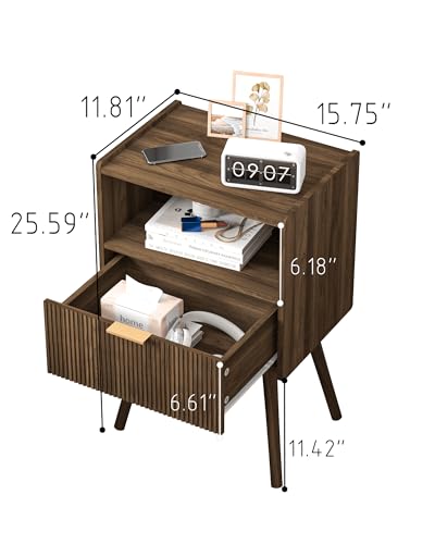 Nightstand,Modern Bedside Table with Storage Drawer and Open Wood Shelf, for Living Room, Bedroom and Small Spaces, Accent Night Stand with Solid Wood Legs, Easy Assembly,Walnut Brown - color: Walnut Brown