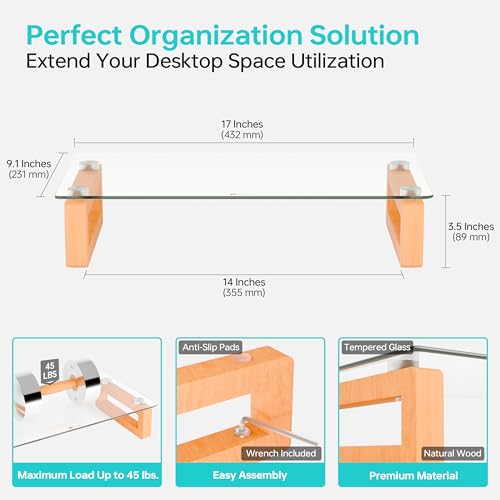 YEOUX Multi-Purpose Desktop Stand, Clear Floating Computer Monitor Riser with Natural Wood Base, Desk Organization Shelf for Printer, Laptop, Audio Device, Flat Screen - color: Beech&Clear