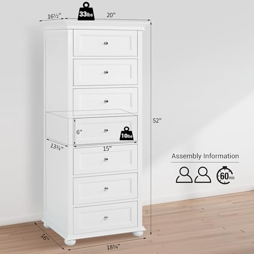Tall White Dresser for Bedroom with 7 Drawers, 52" Tall Skinny Dresser | Modern White Tall Chest of Drawers Dresser，Wooden Lingerie Dresser Tall Narrow，Crown Molding and Solid Wood Ball Legs - color: White