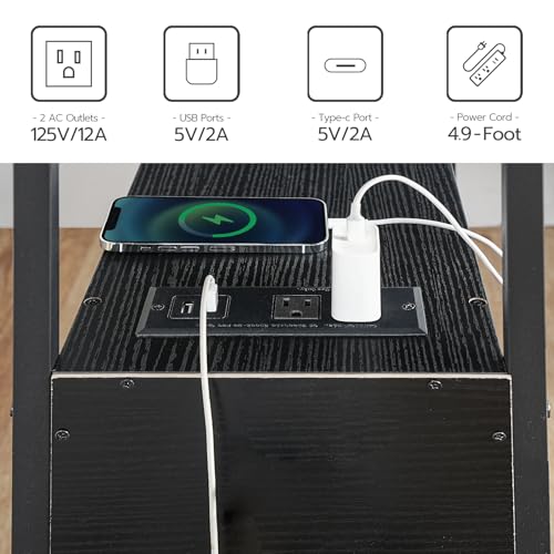 HOOBRO End Table with Charging Station, Narrow Side Table with 2 Drawer & USB Port & Power Outlets, Nightstand for Small Spaces, Stable and Sturdy, for Living Room, Bedroom, Black BK541BZ01 - color: Black