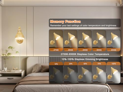 GOODATE 1 Pack Plug in Wall Sconce with Remote Control, Dimming, Adjustable Colors 2700K-6500K, Plug in Wall Light, Swing Arm Wall Lamp with Night Light & Timer, LED Bulb Included, Oak Finish - size: Oak-1 PACK(Bulb+Remote)