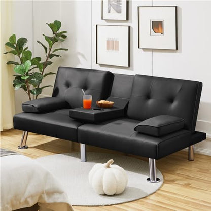 Yaheetech Convertible Futon Sofa Bed Loveseat with Cup Holder, Black | 3 Angles Sofa, Recliner Chair, Bed, Compact Faux Leather Love Seat for Living Room, Kids Guest Room, Dorm, Small Apartment - color: Black