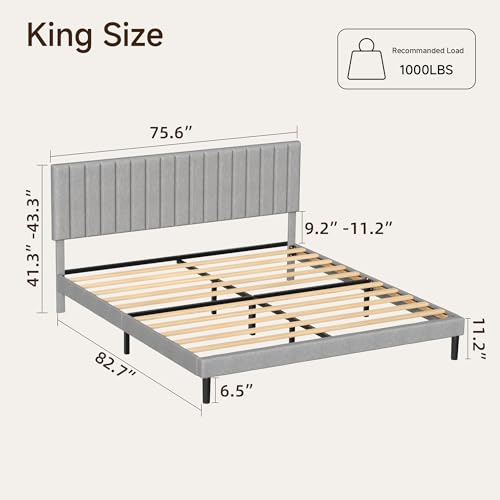 King Linen Bed Frame with Vertical Channel Tufted Headboard Light Grey | Upholstered Platform Bed, No Box Spring Needed, Noise-Free, Strong Wooden Slat, Durable Metal Frame, Easy Assembly - color: Light Grey, size: King