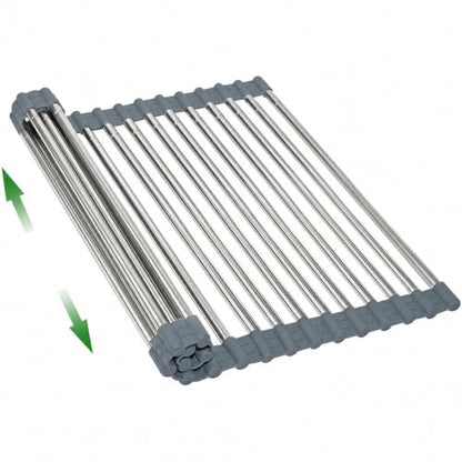 Expandable Roll Up Dish Drying Rack Over The Sink Rack, Large Dish Drainer Rack for Stainless Steel Sinks, Non-Slip Silicone Collapsible Rack 18 Tube for Kitchen, Sliver Gray - color: Gray+silver Expandable