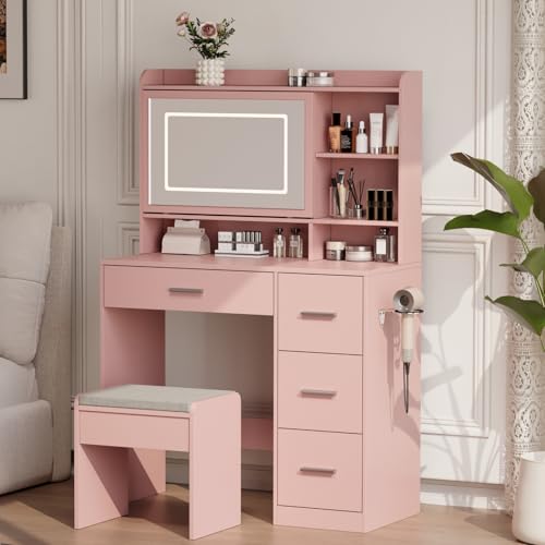 Viaozutis Vanity Desk with a Mirror and Lights，with Chair and Four Drawers, Three Adjustable Lighting Modes，with Power Outlet and Sliding LED Mirror,Bedroom Vanity Desk (Pink) - style: Pink