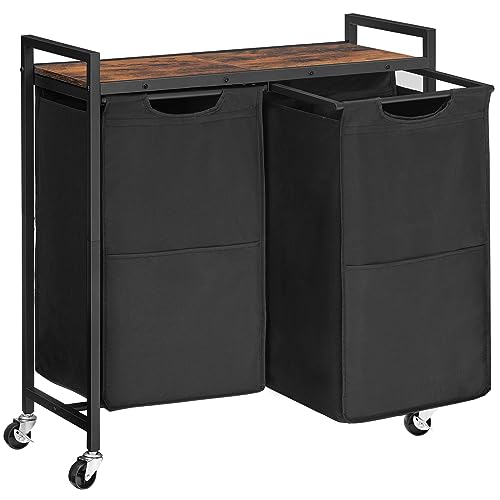 HOOBRO Laundry Hamper, Laundry Sorter 2 Section, 2 × 13 Gal (49.5L), Laundry Basket with Wheels, Rolling Cart, Pull-Out and Removable Oxford Fabric Bags, Rustic Brown and Black BF72XY01