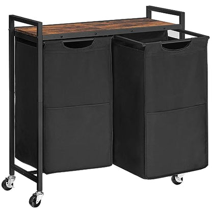 HOOBRO Laundry Hamper, Laundry Sorter 2 Section, 2 × 13 Gal (49.5L), Laundry Basket with Wheels, Rolling Cart, Pull-Out and Removable Oxford Fabric Bags, Rustic Brown and Black BF72XY01