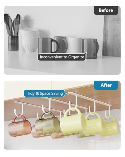 3 Pack Mug Hooks Under Cabinet with 9 Hooks for Displaying Mugs, White | Coffee Mug Holder for Hanging Under Shelf, Cup Hanger, Coffee Cups and Kitchen Utensils - color: White