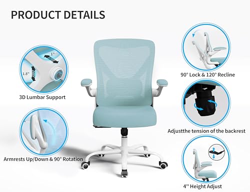 Office Chair: Mesh Ergonomic Desk Chair with 3D Lumbar & Swivel | 330LBS Computer Chair-Executive Task Chairs with Flip-up Arms Home Office Chairs Gaming Chair for Long Hours(Lake Blue) - color: Mint Green, size: Pack of 1