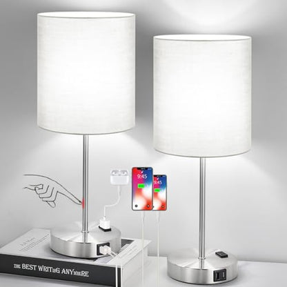 Set of 2 Grey Touch Control Table Lamps with 2 USB Ports & AC Outlet, 3-Way Dimmable Bedside Nightstand Lamps, Desk Lamp for Bedroom Living Room Nursery, 800 Lumens 5000K Daylight Bulbs Included - color: (2 Pack)Gray & Brushed Nickel(Base)-5000K Bulbs Inc