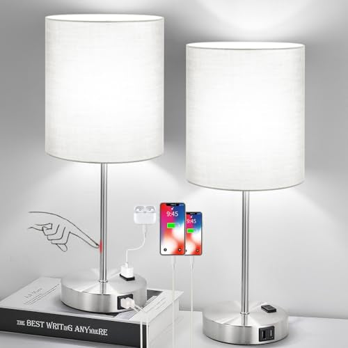 Set of 2 Grey Touch Control Table Lamps with 2 USB Ports & AC Outlet, 3-Way Dimmable Bedside Nightstand Lamps, Desk Lamp for Bedroom Living Room Nursery, 800 Lumens 5000K Daylight Bulbs Included - color: (2 Pack)Gray & Brushed Nickel(Base)-5000K Bulbs Inc