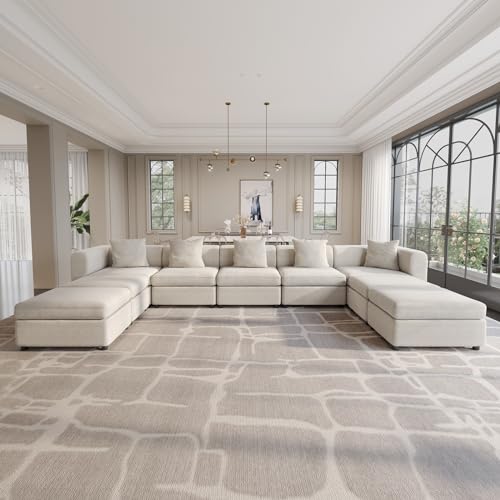 168.1" Velvet Sectional Sofa with 5 Pillows, Convertible U-Shaped Couch with Cushions, Oversized Sectional Cloud Sofa with 4 Storage Ottoman, 9 Seaters Sofa Couch for Living Room, Beige - size: 9 Seaters(With Ottoman)