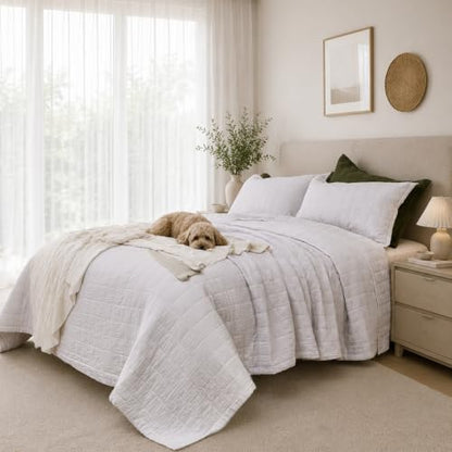 Pre-Washed Cotton California King Size Quilt Set Cream | 106x118 Breathable Bedspread Coverlet,Waffle Textured Blanket,All Season Bedding Set,Fits King & Cal King,with 2 Pillow Shams - color: White, size: Cal King-106x118