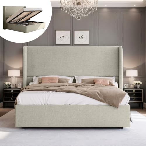 Queen Size Lift Up Storage Bed Frame with 51.2" Wingback Headboard, Linen Upholstered Platform Bed, Hydraulic Support System, Reinforced Metal Structure, No Box Spring Needed, Khaki - color: Khaki, size: Queen (U.S. Standard)