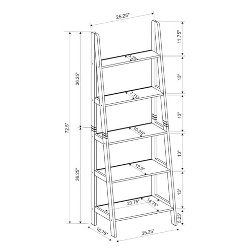 Riverbay Furniture 5-Shelf Wood Ladder Bookshelf, Open Back Design, White Finish, 72" H x 25.25" W x 16.5" D, Rubberwood and Particleboard, Transitional Style for Home Office or Living Room Storage - color: White