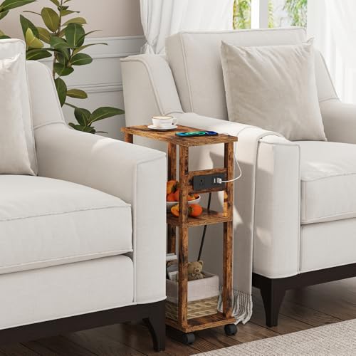 TUTOTAK Small Narrow Side Table, Set of 2 Skinny End Table | for Small Spaces, Slim Nightstand with USB Ports and Outlet,Sofa Beside Table with Wheels, Rustic Brown TB01BB047C - color: Rustic Brown, size: 2 PC, style: With Plug