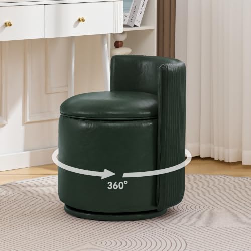 Leather Vanity Chair with Storage, 360° Swivel Makeup Chair, Dark Green | Modern Vanity Stool with Pleated Back, No Assembly Barrel Upholstered Closet PU Stool for Bedroom, Dressing Room, Living Room - color: Dark Green-pu, size: Regular