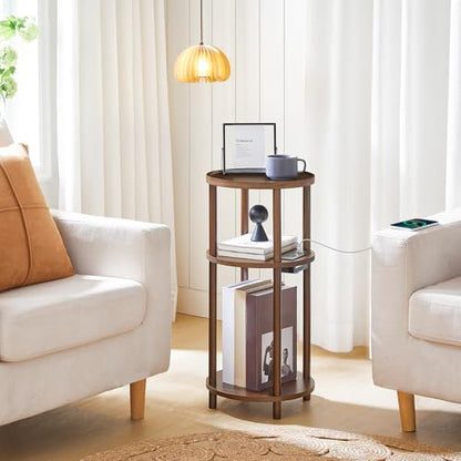 HOOBRO Small Round Side Table with Charging Station, 3-Tier Round Bamboo End Table, Compact Sofa Bedside Table for Small Space, Easy Assembly, for Living Room, Bedroom, Apartment, Mocha MA152UBZ01 - color: Mocha